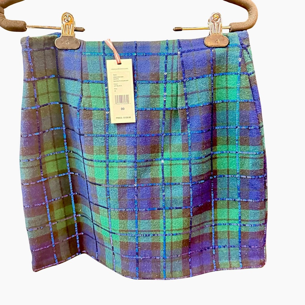 Vineyard Vines Blackwatch Sequin Skirt Plaid Holiday NWT Size‎ 00